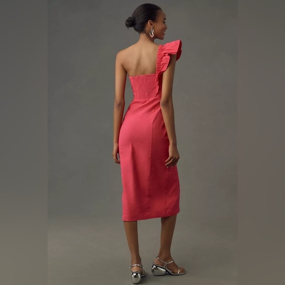 NWT! By Anthropologie One-Shoulder Ruffle Linen Column Midi Dress - Size XL🐬 - Picture 2 of 6